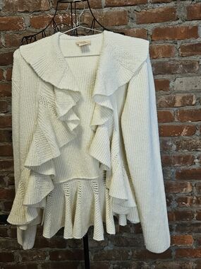 Ruffled Open-Front Cardigan Sweater - Cream